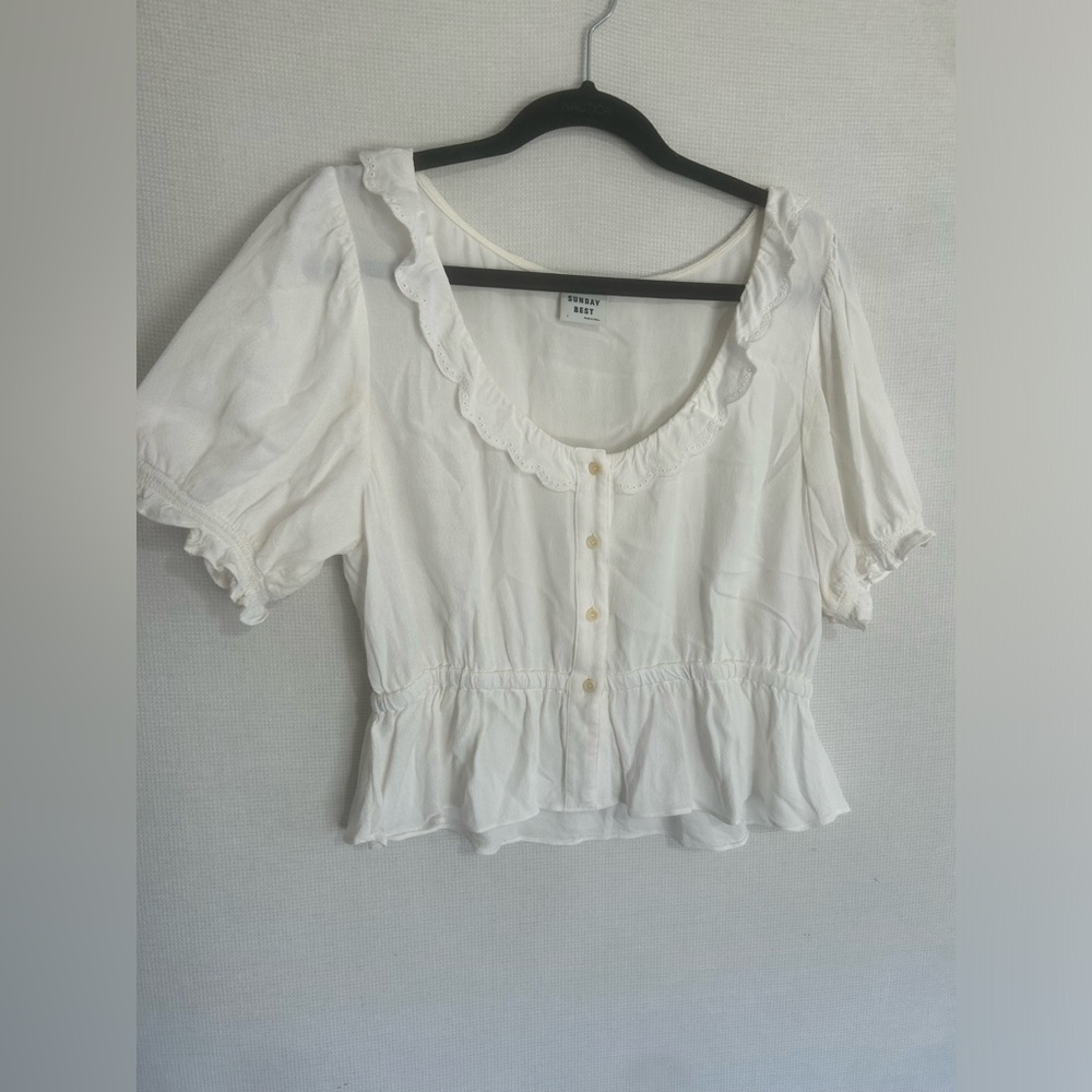 Sunday Best Cream Ruffle Scoop-Neck Button Peplum Top